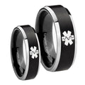 Medical Alert Beveled Edges Brush Black 2 Tone Tungsten Mens Band Set