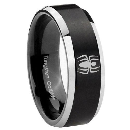 10mm Spiderman Beveled Edges Brush Black 2 Tone Tungsten Mens Ring Personalized