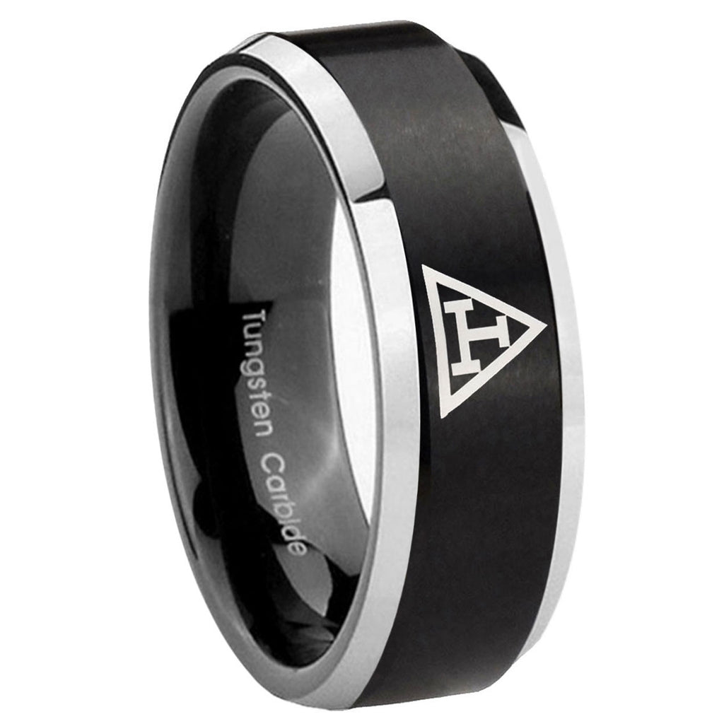 10mm Masonic Triple Beveled Edges Brush Black 2 Tone Tungsten Men's Ring