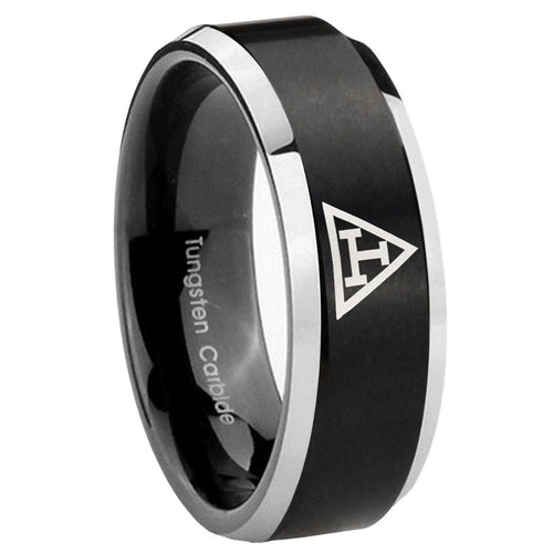 10mm Masonic Triple Beveled Edges Brush Black 2 Tone Tungsten Men's Ring