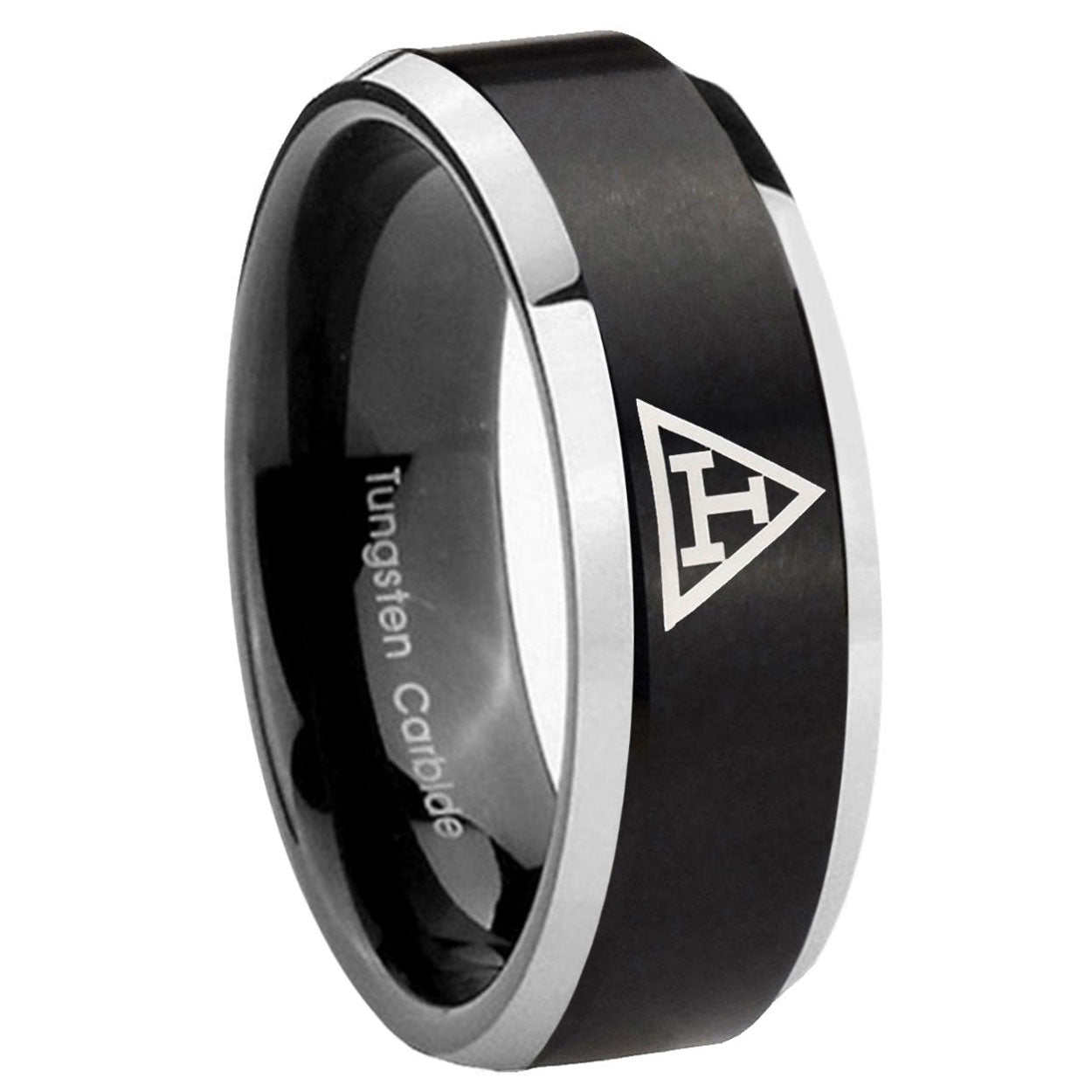 8MM Masonic Triple Beveled Two Tone Black Tungsten Rings For Men