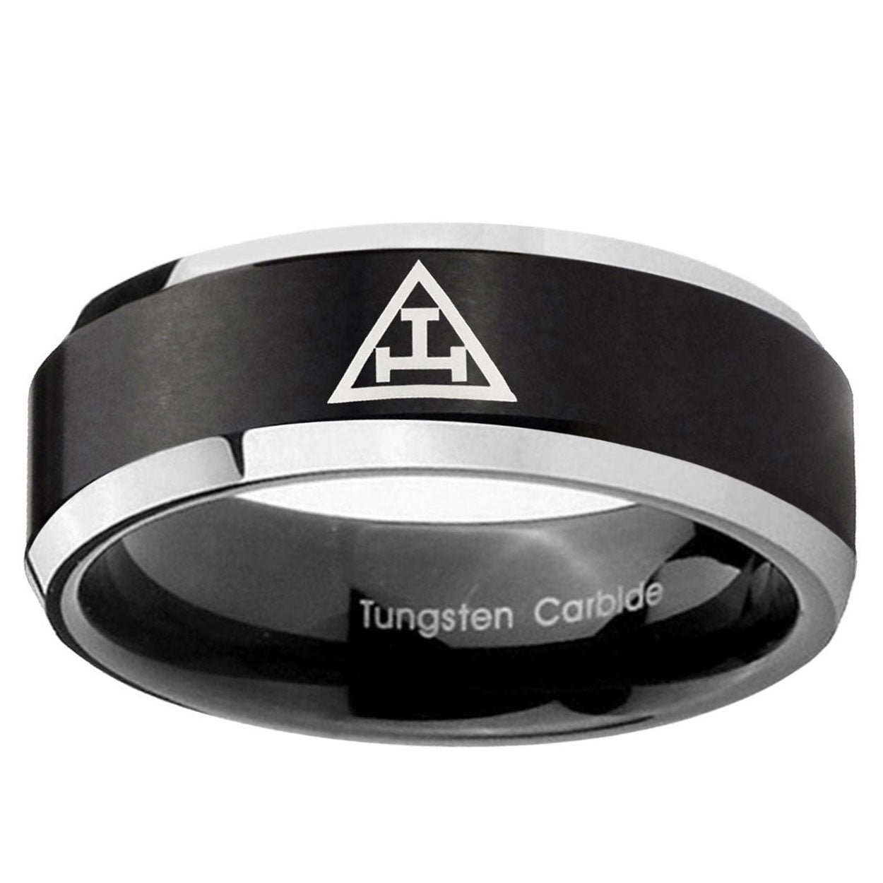 10mm Masonic Triple Beveled Edge Brush Black 2 Tone Tungsten Men's Ring