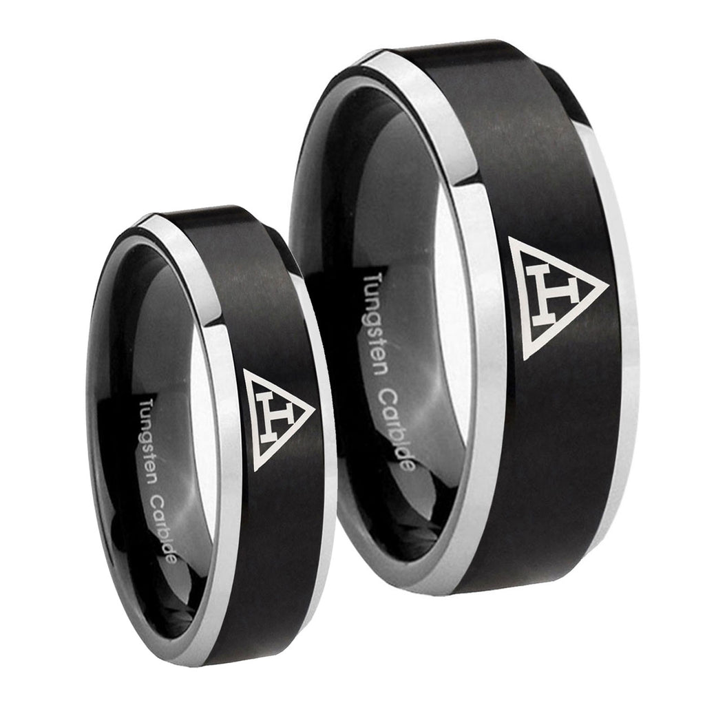 Masonic Triple Beveled Brush Black 2 Tone Tungsten Wedding Set Rings