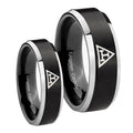 Masonic Triple Beveled Brush Black 2 Tone Tungsten Wedding Set Rings