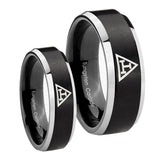 His Hers Masonic Triple Beveled Brush Black 2 Tone Tungsten Wedding Band Ring Set