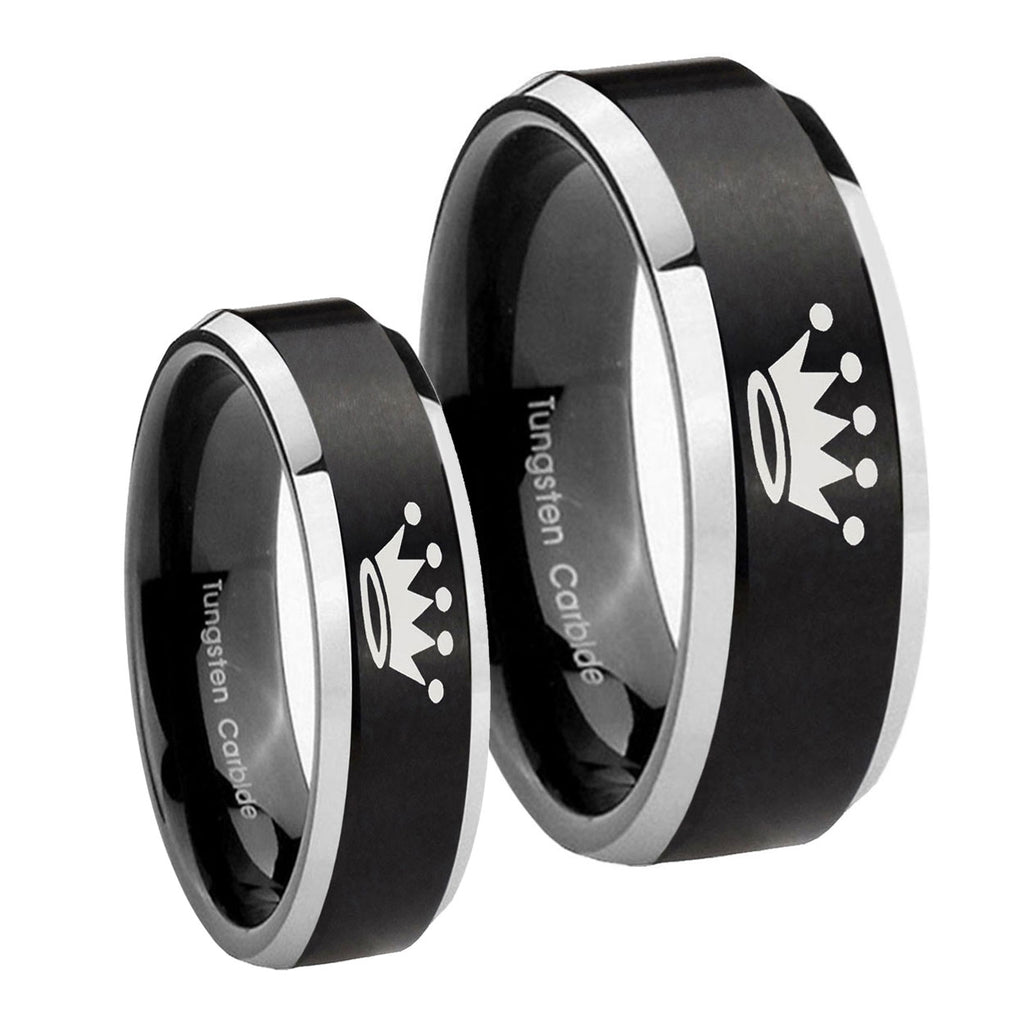Crown Beveled Brush Black 2 Tone Tungsten Wedding Band Set