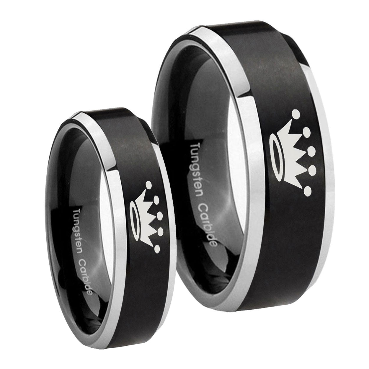 Crown Beveled Brush Black 2 Tone Tungsten Wedding Band Set