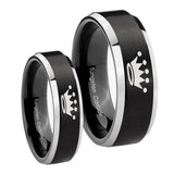His Hers Crown Beveled Brush Black 2 Tone Tungsten Wedding Engraving Ring Set