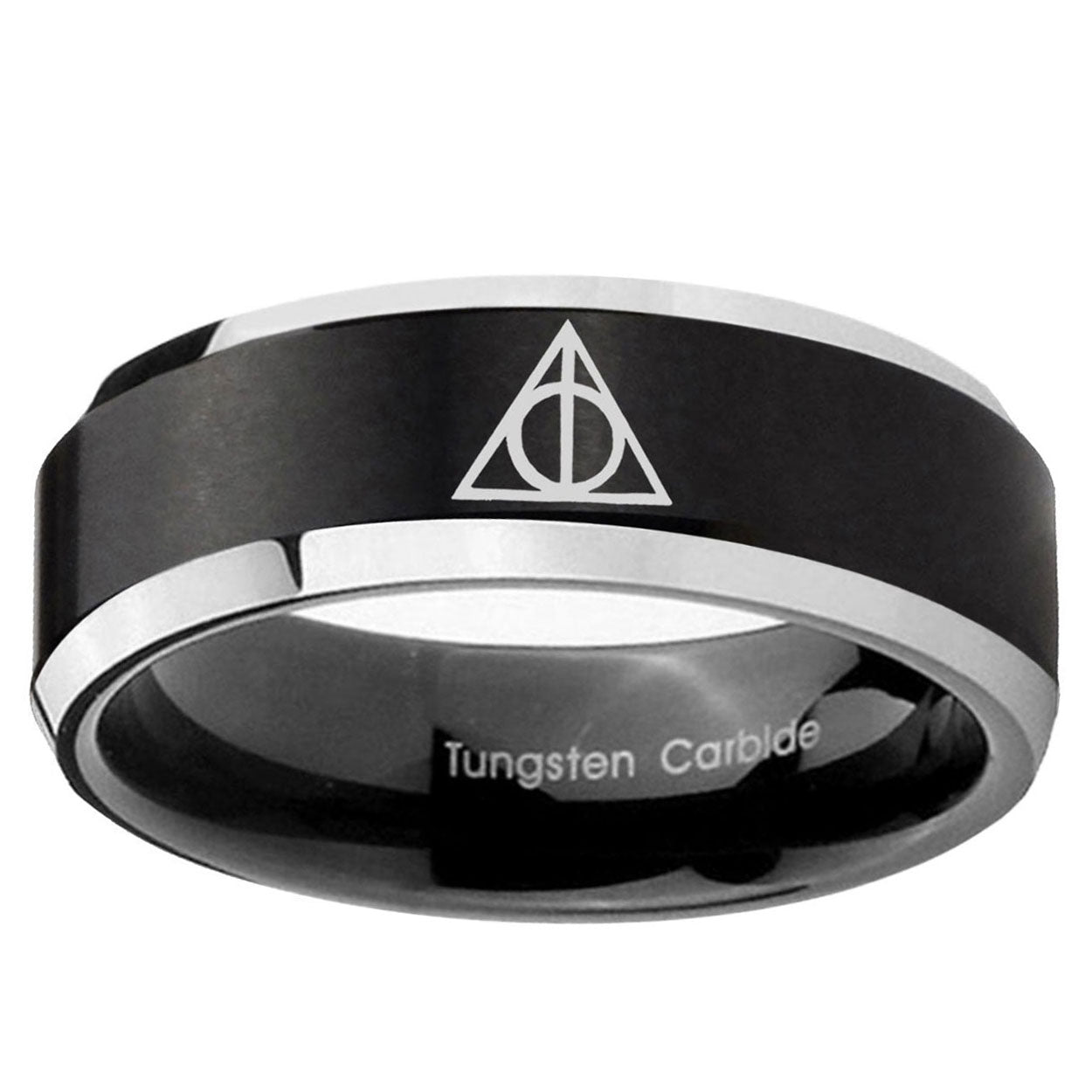 10mm Deathly Hallows Beveled Brush Black 2 Tone Tungsten Mens Wedding Ring