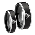 Deathly Hallows Beveled Edges Brush Black 2 Tone Tungsten Wedding Set Ring