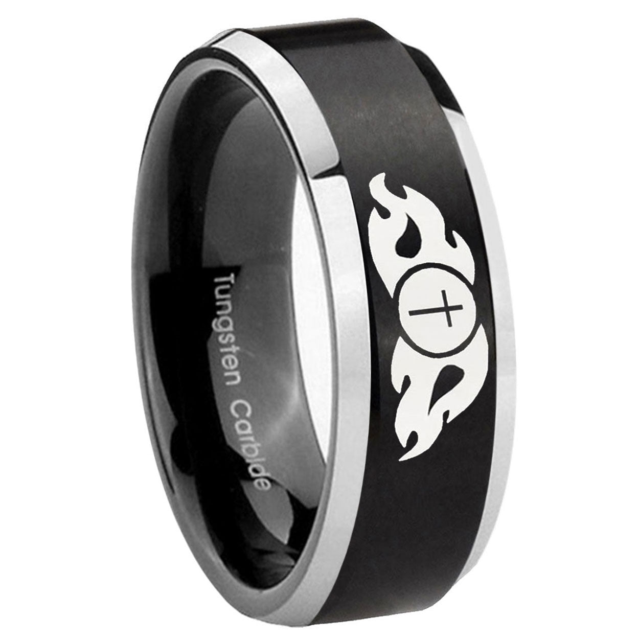 10mm Flamed Cross Beveled Edges Brush Black 2 Tone Tungsten Men's Wedding Ring
