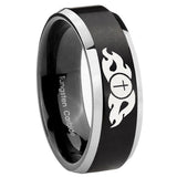 8mm Flamed Cross Beveled Brush Black 2 Tone Tungsten Wedding Engraving Ring