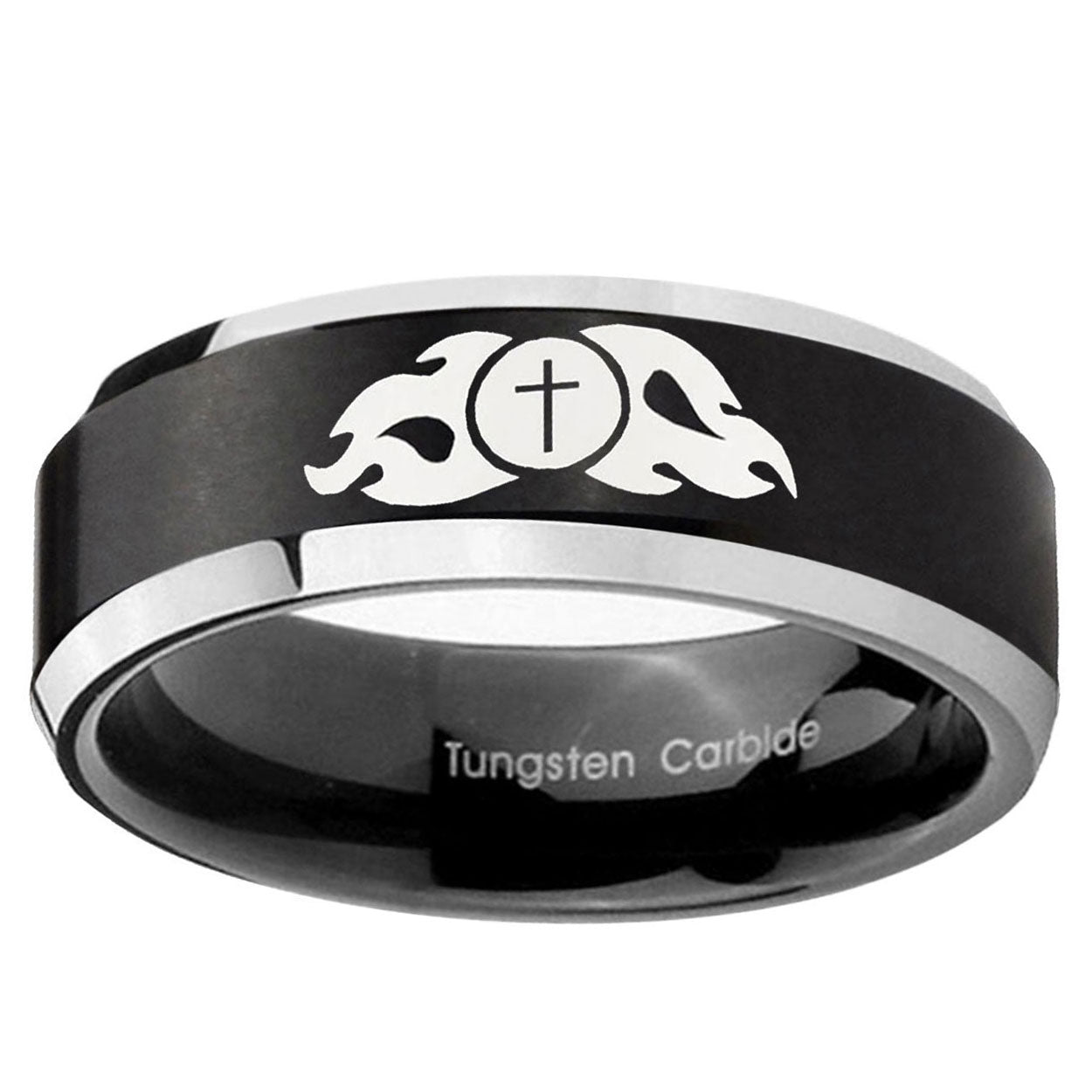 10mm Flamed Cross Beveled Edge Brush Black 2 Tone Tungsten Ring