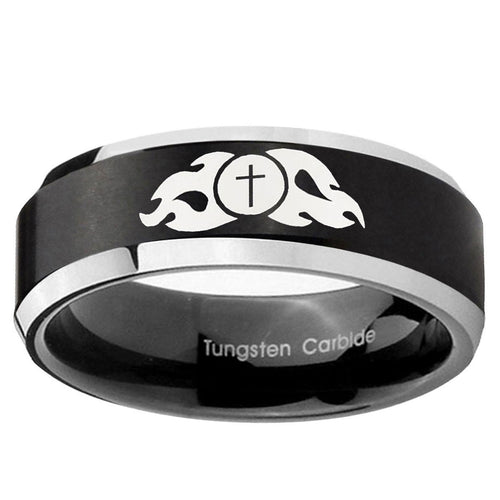 10mm Flamed Cross Beveled Edge Brush Black 2 Tone Tungsten Ring