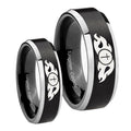 Flamed Cross Beveled Brush Black 2 Tone Tungsten Wedding Ring Set