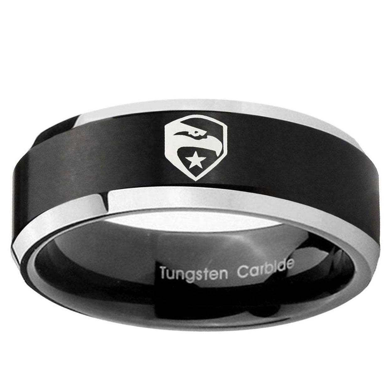 10mm GI Joe Eagle Beveled Edge Brush Black 2 Tone Tungsten Ring