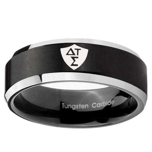 10mm Greek CTR Beveled Edge Brush Black 2 Tone Tungsten Carbide Promise Ring