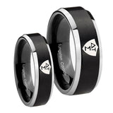 His Hers Greek CTR Beveled Edges Brush Black 2 Tone Tungsten Engagement Ring Set