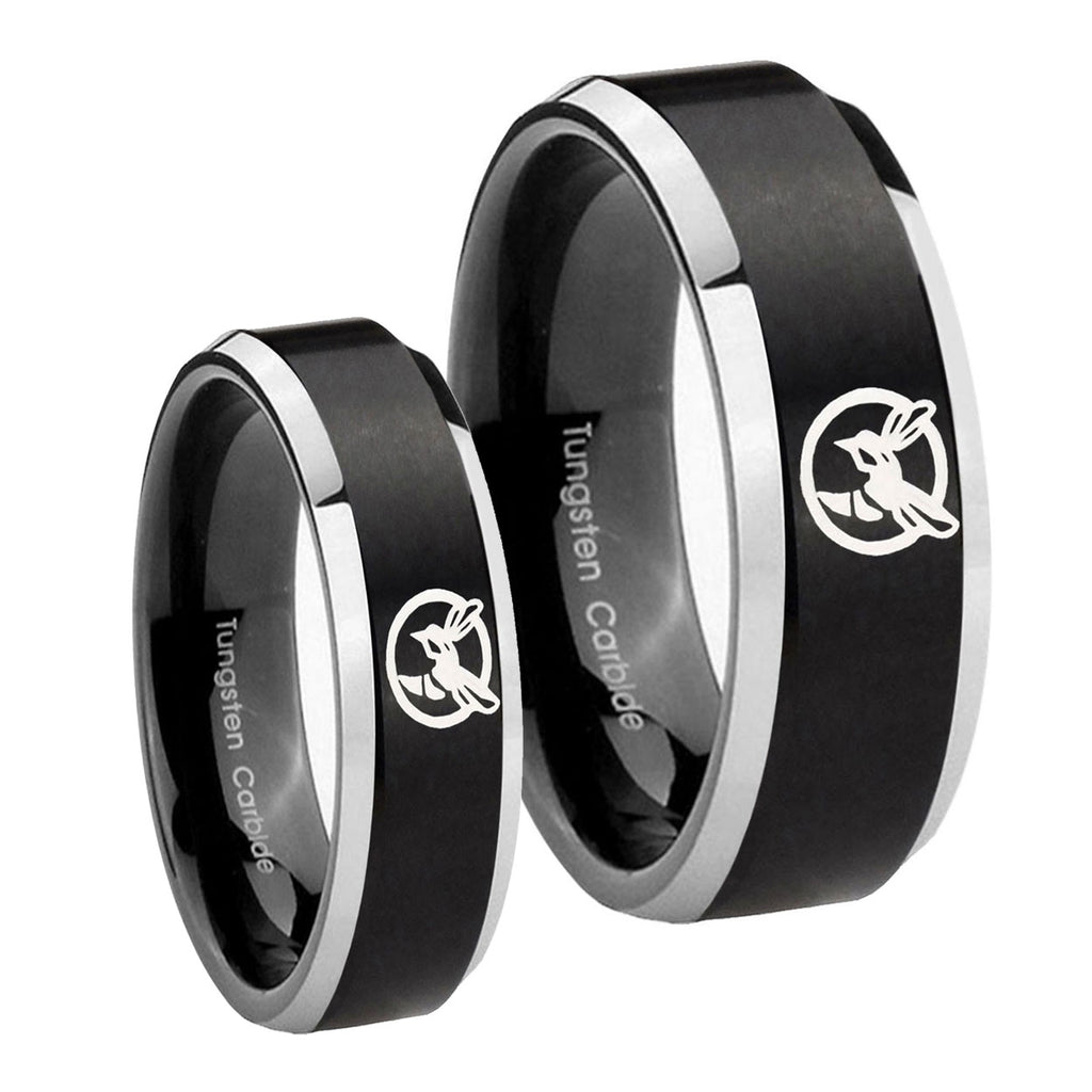 Honey Bee Beveled Edges Brush Black 2 Tone Tungsten His And Hers Ring