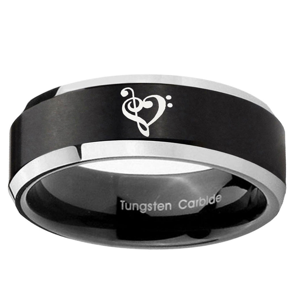 5MM Music And Heart Beveled Two Tone Black Tungsten Wedding Band