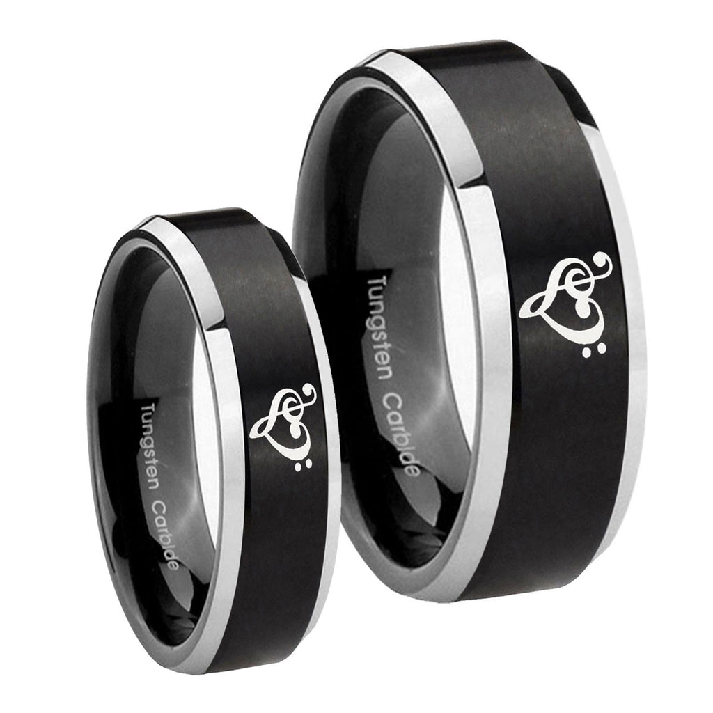 Music & Heart Beveled Brush Black 2 Tone Tungsten Couple Wedding Rings