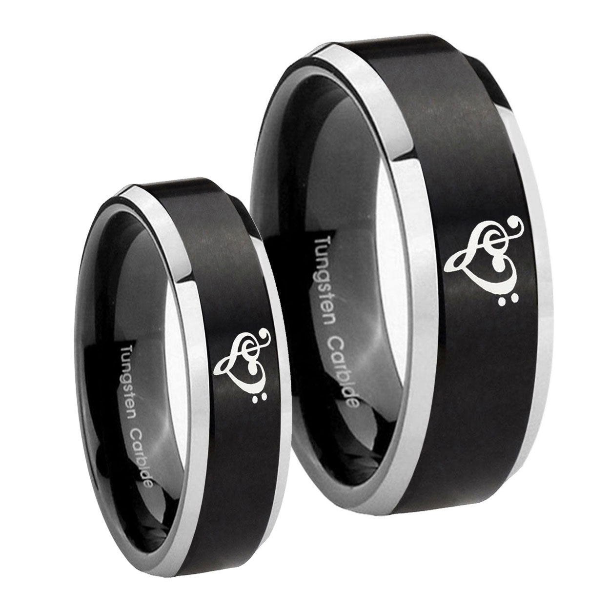 Music & Heart Beveled Brush Black 2 Tone Tungsten Couple Wedding Rings