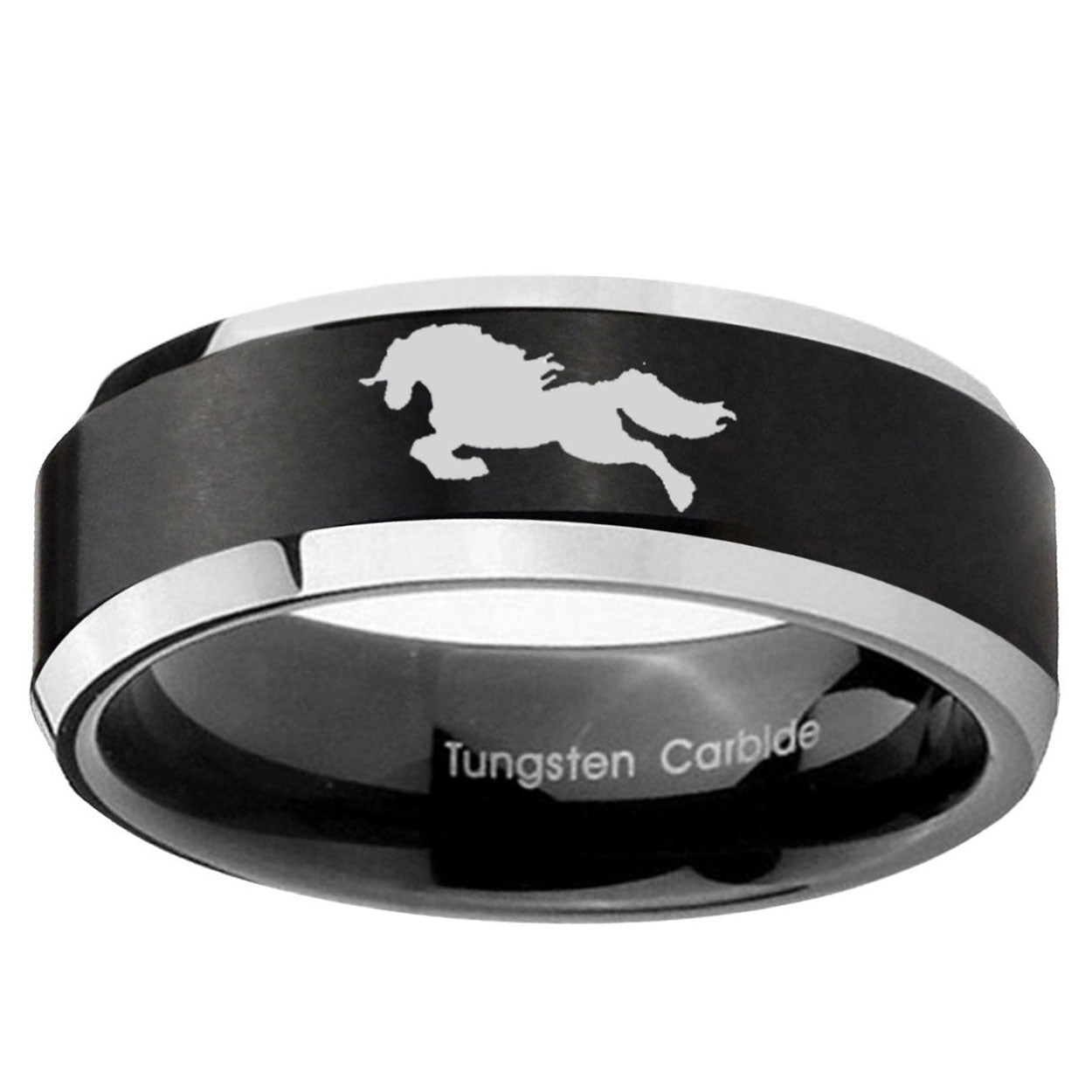 10mm Horse Beveled Edge Brush Black 2 Tone Tungsten Ring