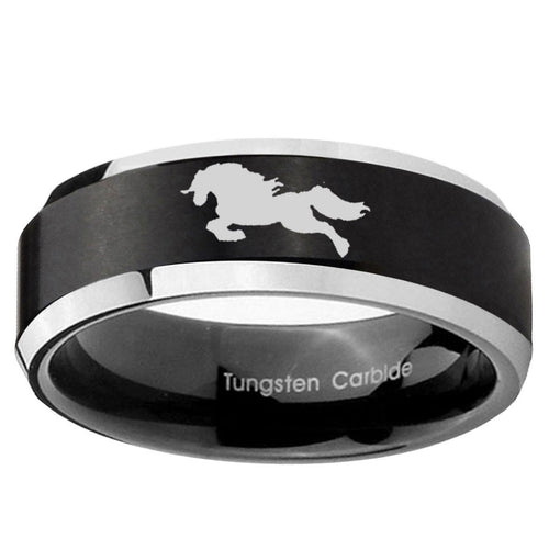 10mm Horse Beveled Edge Brush Black 2 Tone Tungsten Ring