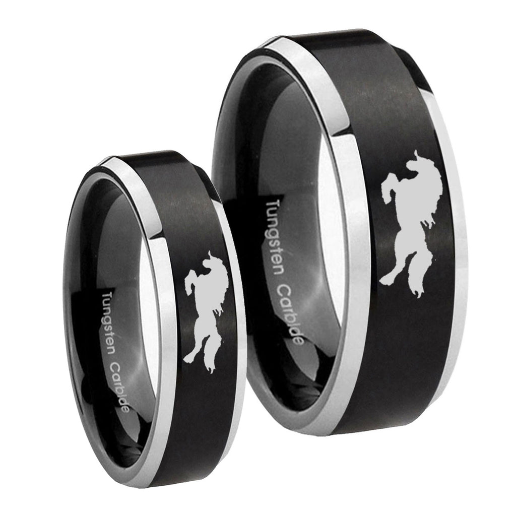 Horse Beveled Edges Brush Black 2 Tone Tungsten Wedding Band Set