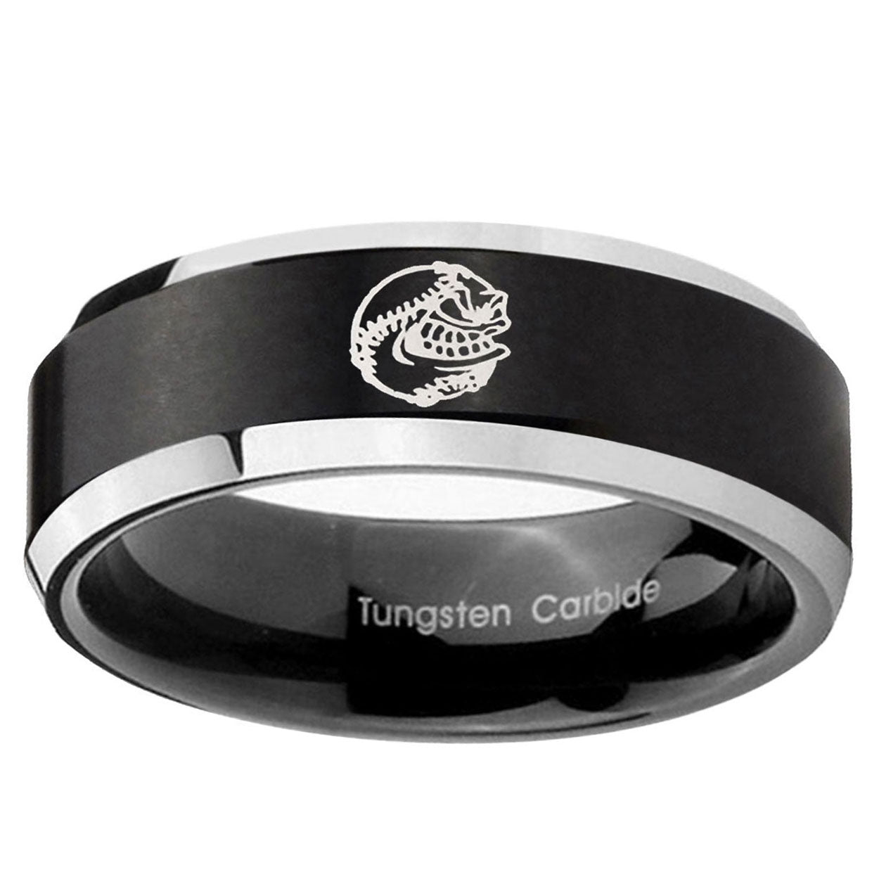 10mm Angry Baseball Beveled Edge Brush Black 2 Tone Tungsten Ring
