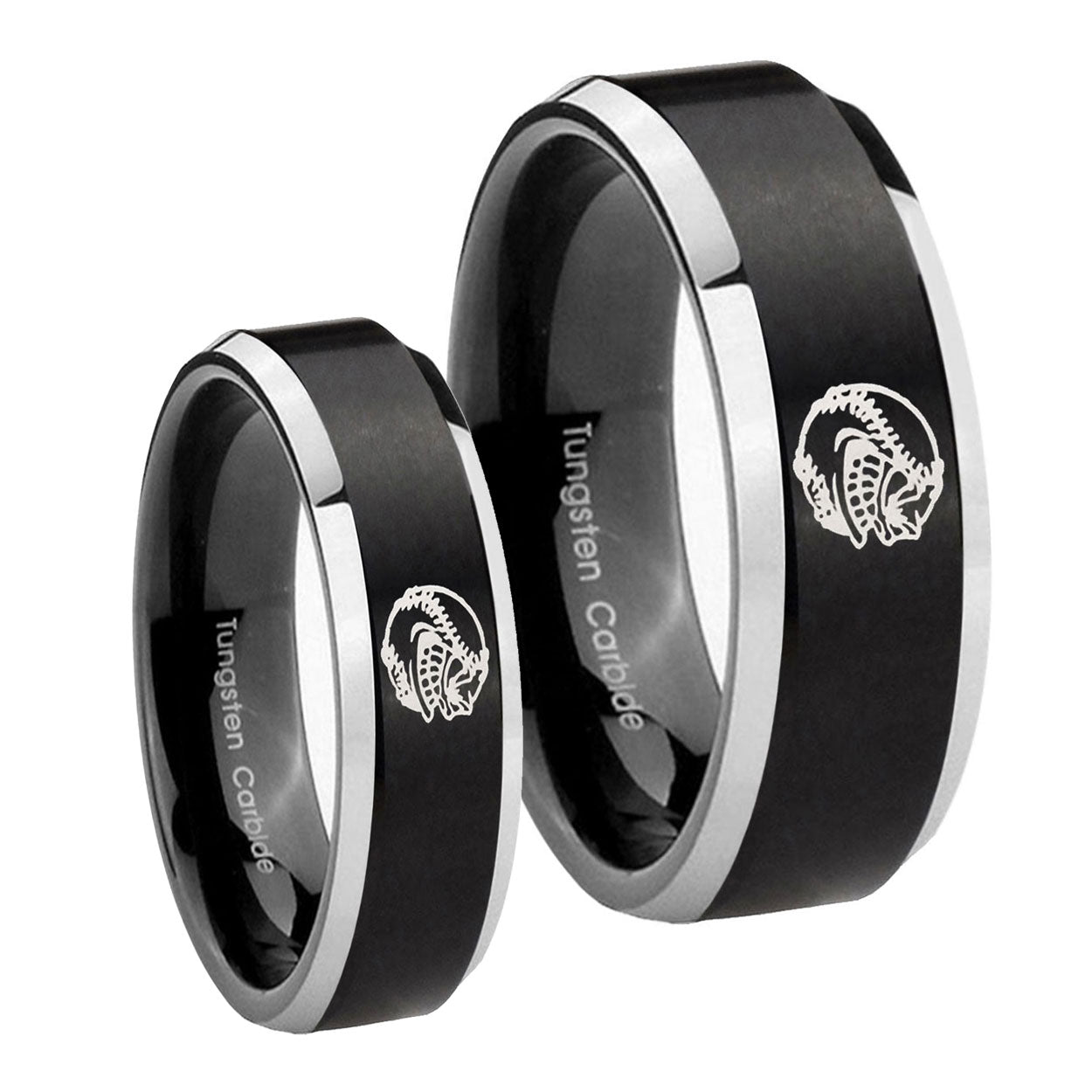 Angry Baseball Beveled Brush Black 2 Tone Tungsten Bridal Set Ring