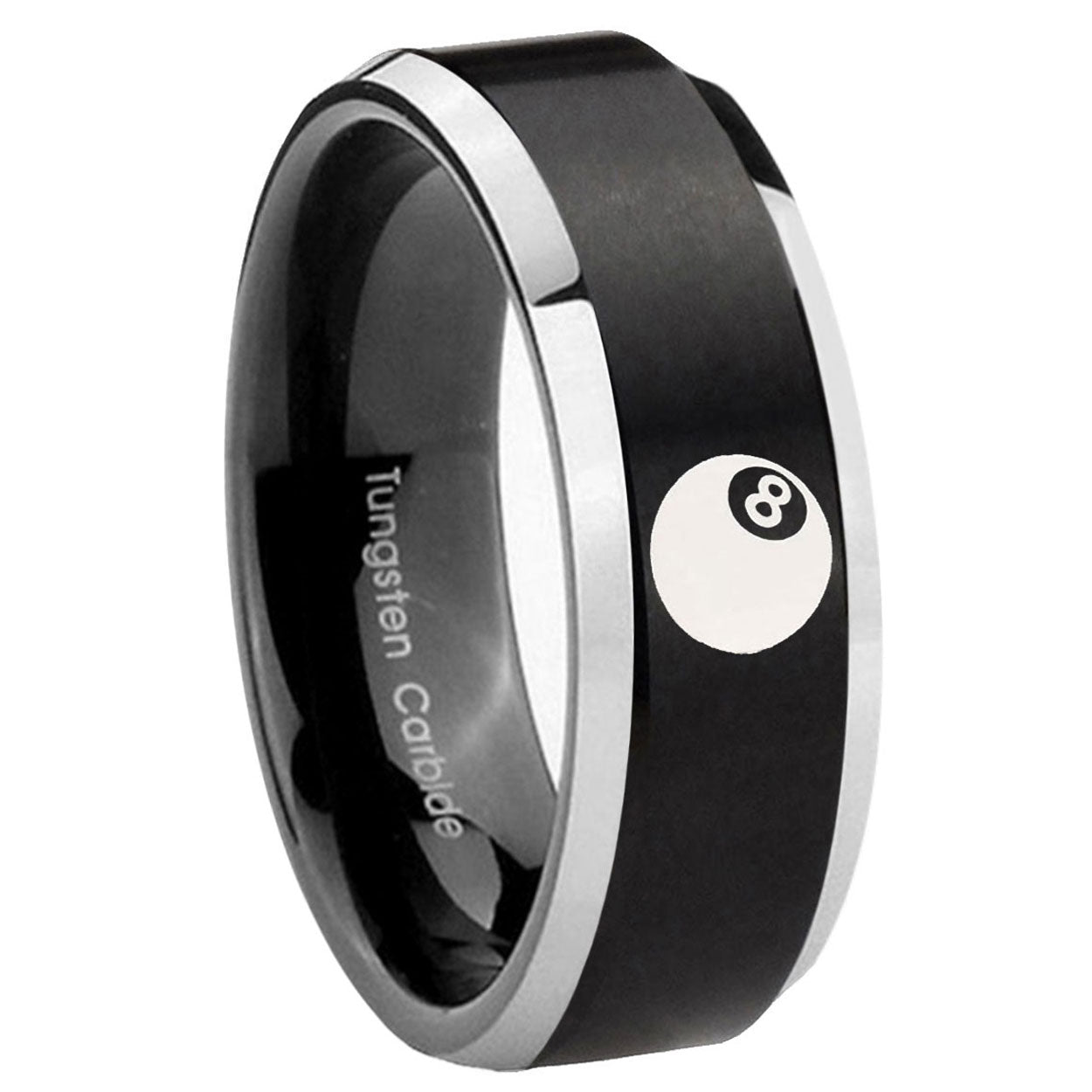 8MM 8 Ball Beveled Two Tone Black Tungsten Ring Men