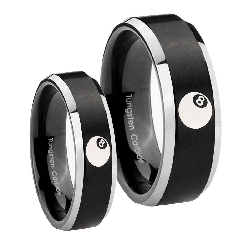 8 Ball Beveled Edges Brush Black 2 Tone Tungsten Bridal Set Rings