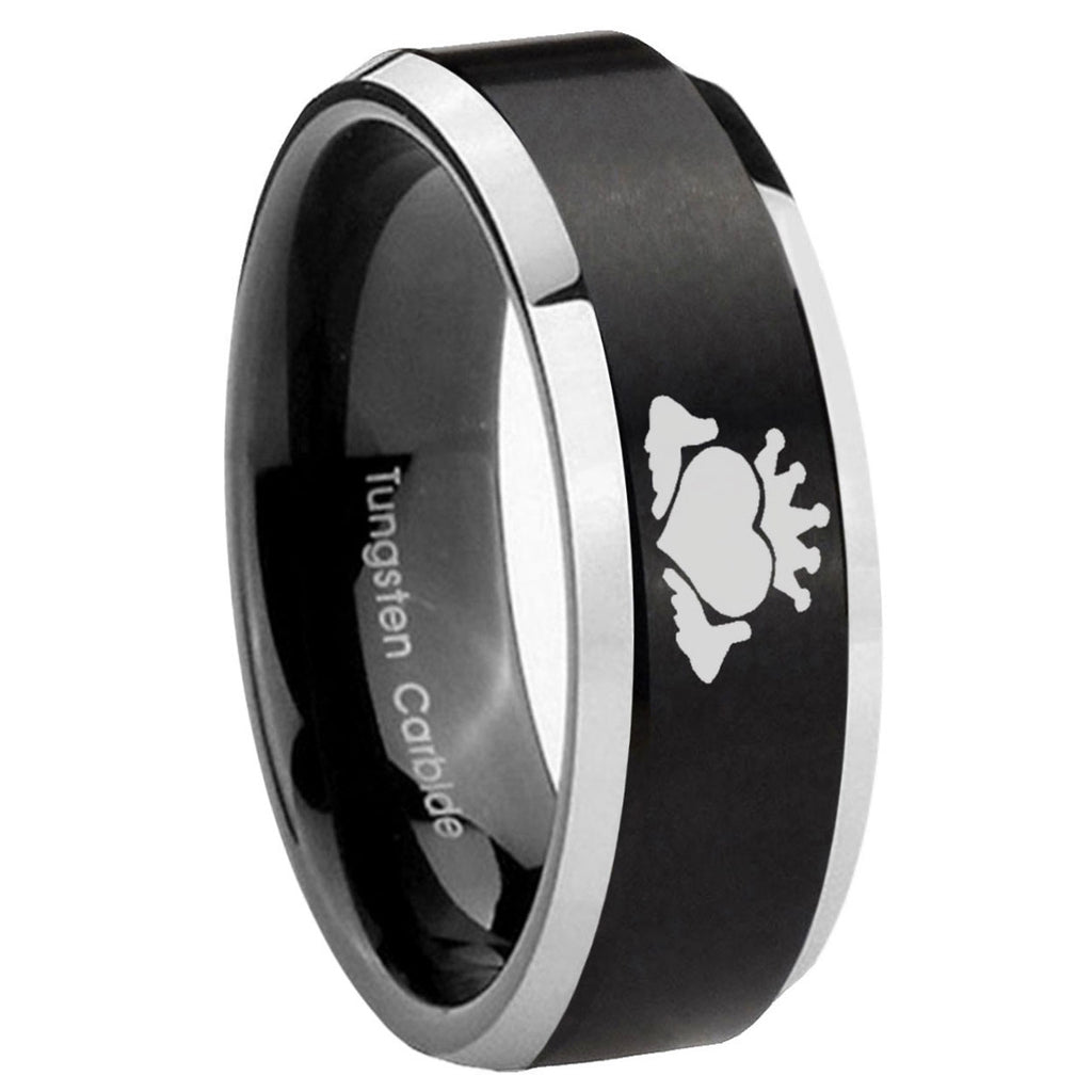 10mm Claddagh Design Beveled Brush Black 2 Tone Tungsten Wedding Engagement Ring