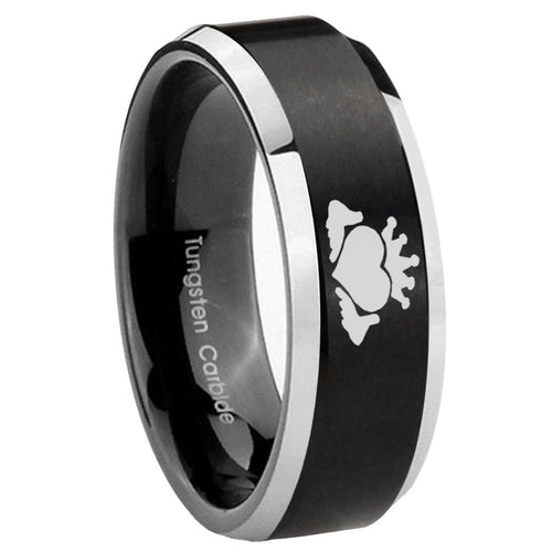 10mm Claddagh Design Beveled Brush Black 2 Tone Tungsten Wedding Engagement Ring