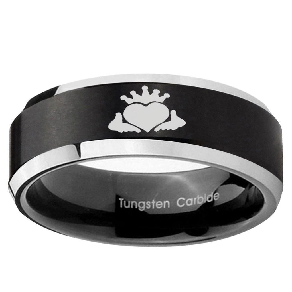5MM Claddagh Design Beveled Two Tone Black Tungsten Men's Wedding Band