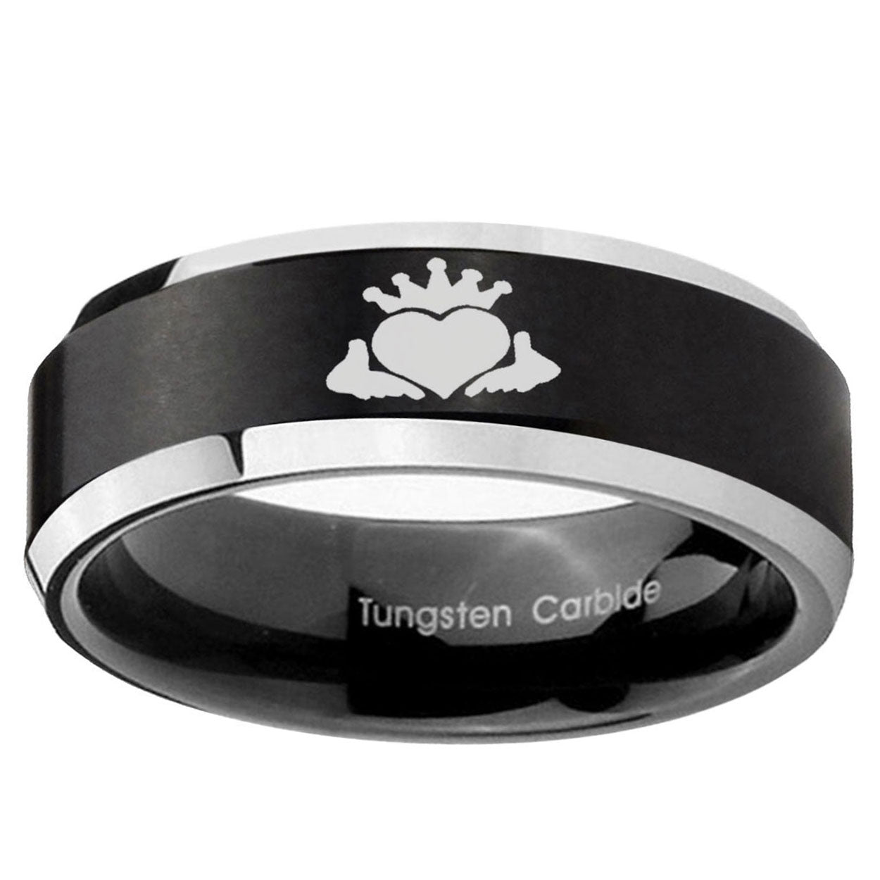 5MM Claddagh Design Beveled Two Tone Black Tungsten Men's Wedding Band