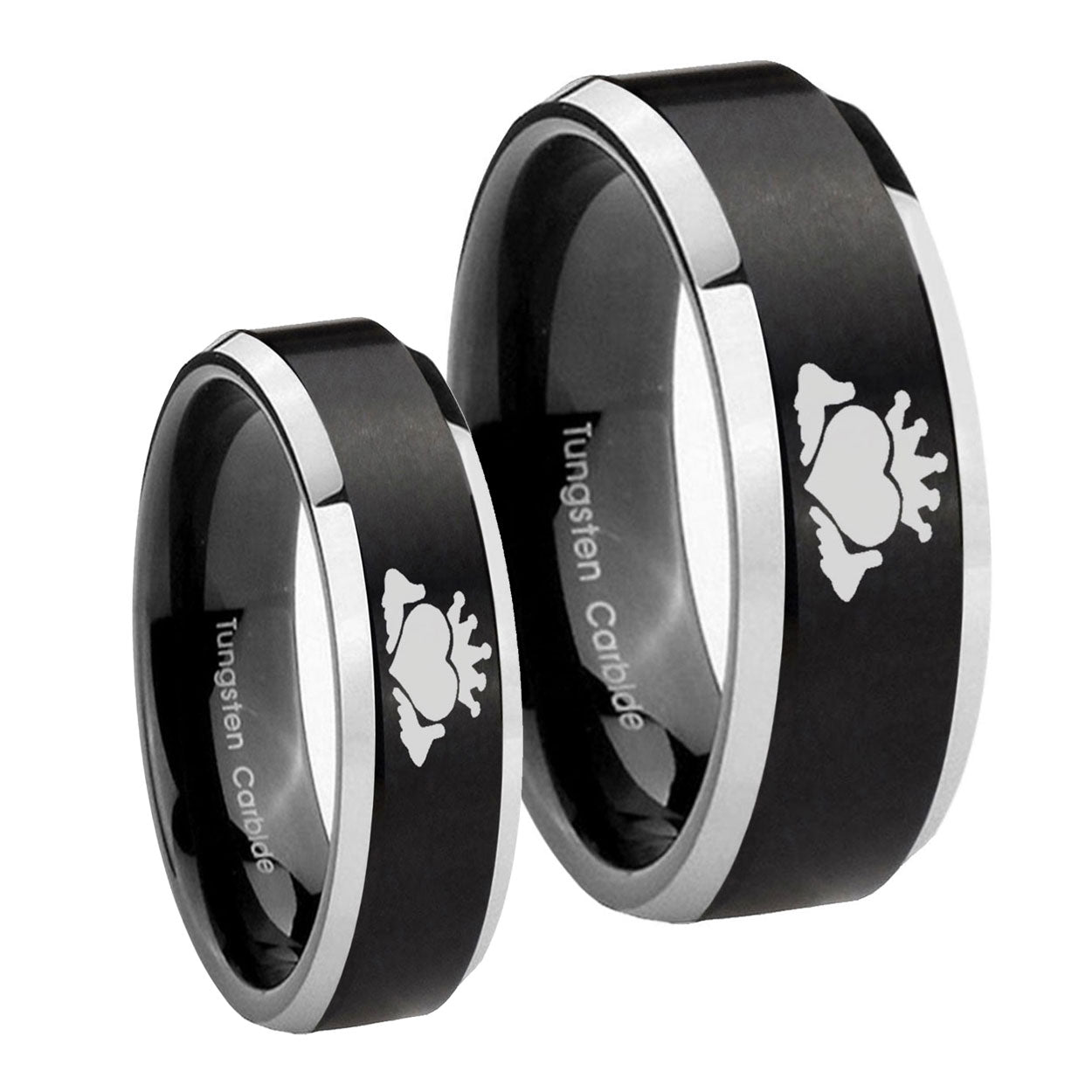 Claddagh Design Beveled Brush Black 2 Tone Tungsten Wedding Set Rings