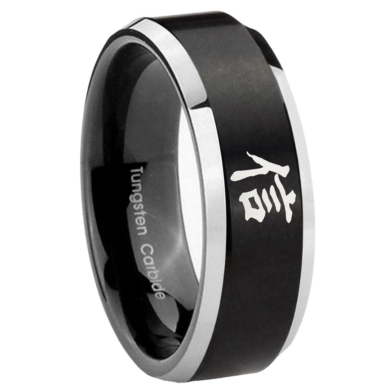 8MM Kanji Faith Beveled Two Tone Black Tungsten Men's Wedding Band