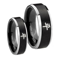 Kanji Peace Beveled Brush Black 2 Tone Tungsten Mens Set Rings