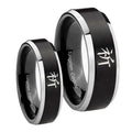 Kanji Prayer Beveled Brush Black 2 Tone Tungsten His And Hers Ring