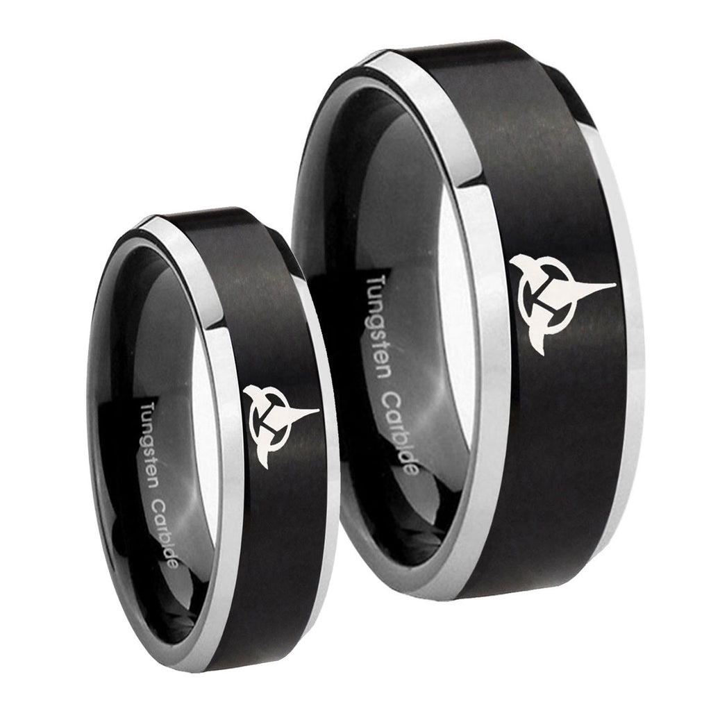 Klingon Beveled Edges Brush Black 2 Tone Tungsten Promise Ring Set