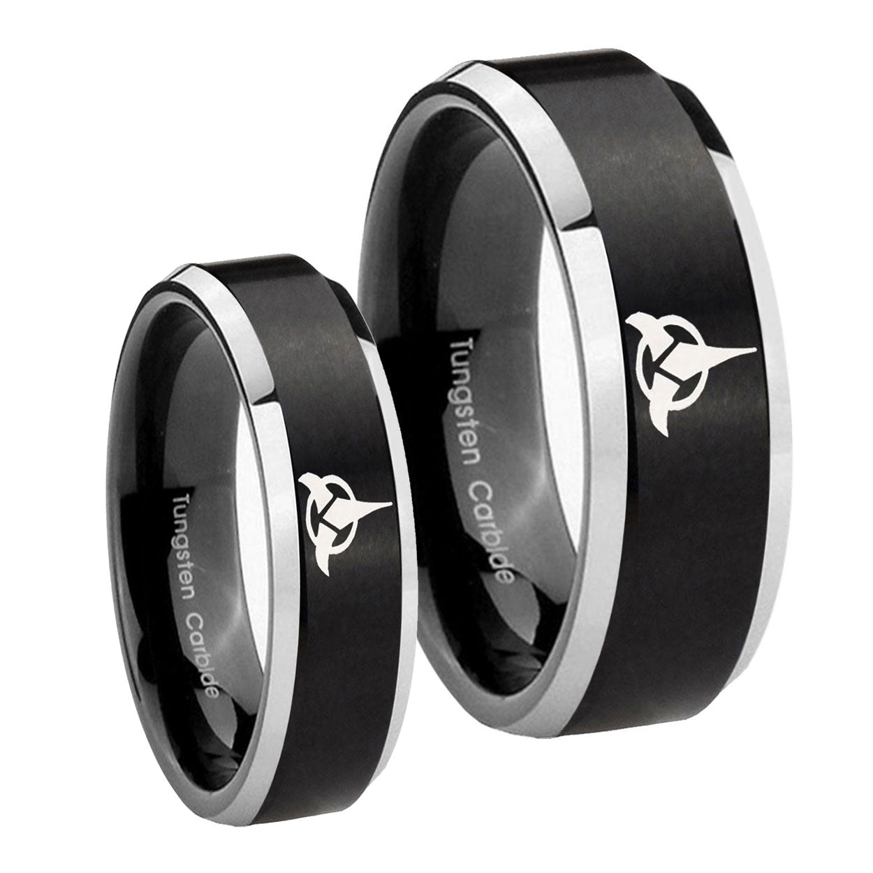 Klingon Beveled Edges Brush Black 2 Tone Tungsten Promise Ring Set