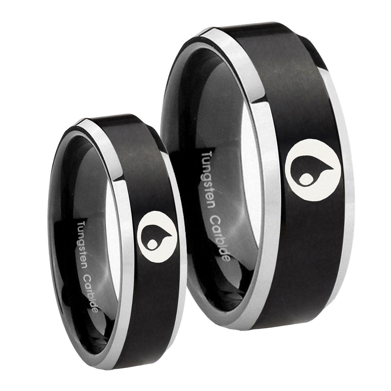 Magic GatheRing Beveled Edges Brush Black 2 Tone Tungsten Wedding Ring Set