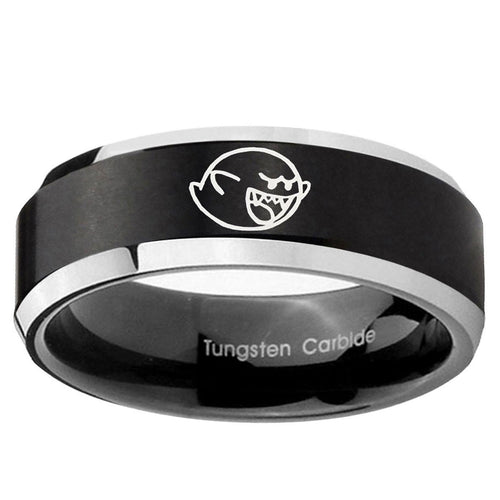 10mm Mario Boo Ghost Beveled Brush Black 2 Tone Tungsten Ring