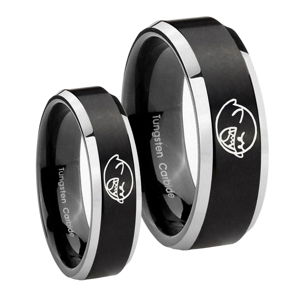 Mario Boo Ghost Beveled Edges Brush Black 2 Tone Tungsten Wedding Set Rings