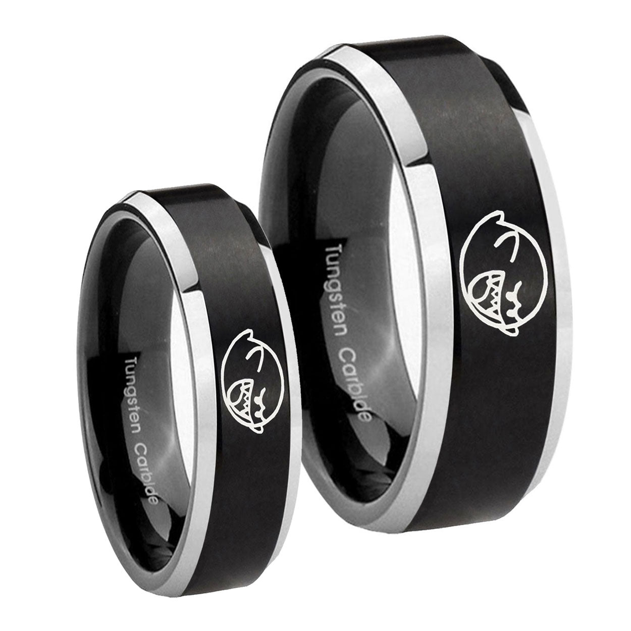 Mario Boo Ghost Beveled Edges Brush Black 2 Tone Tungsten Wedding Set Rings