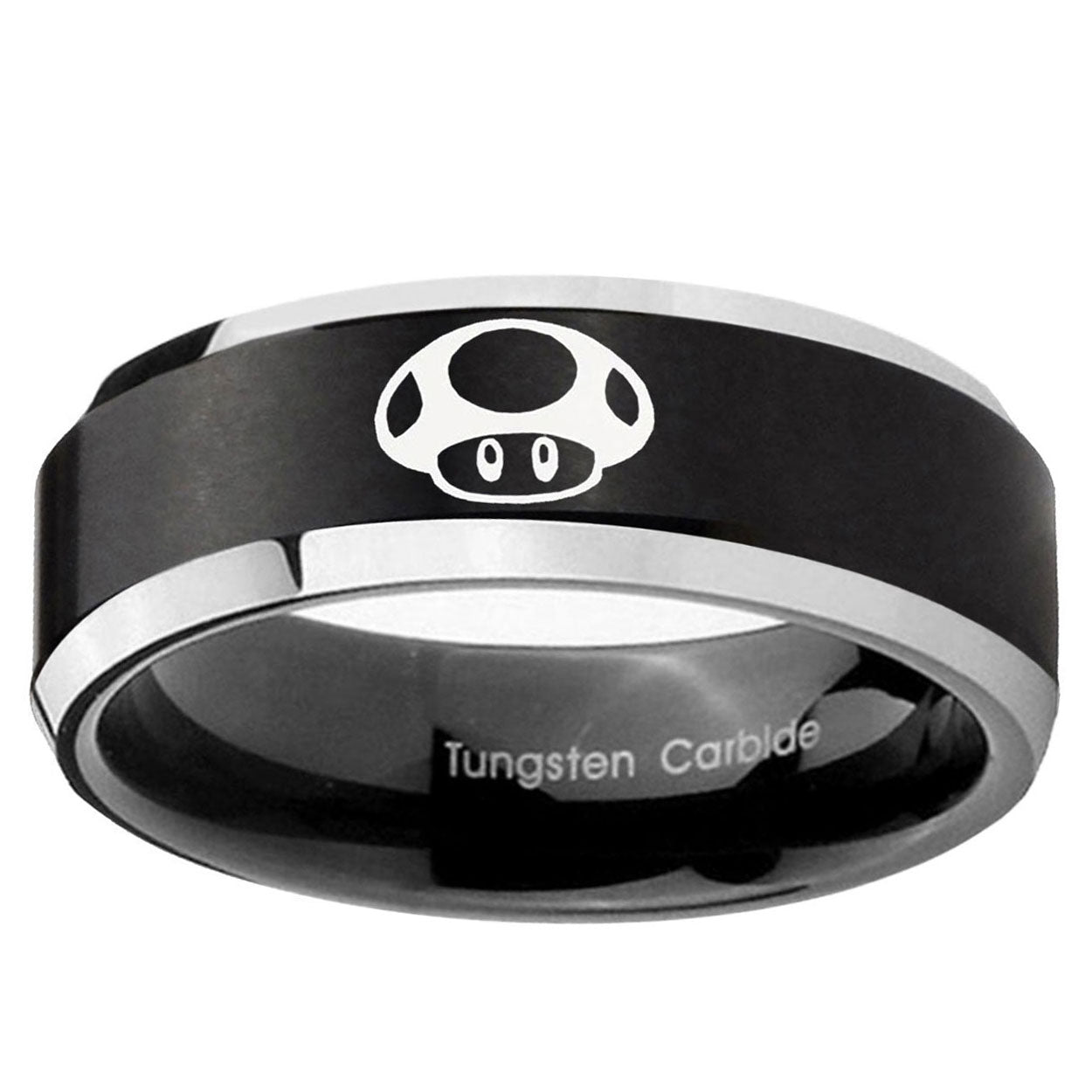 10mm Mario Mushroom Beveled Edge Brush Black 2 Tone Tungsten Ring