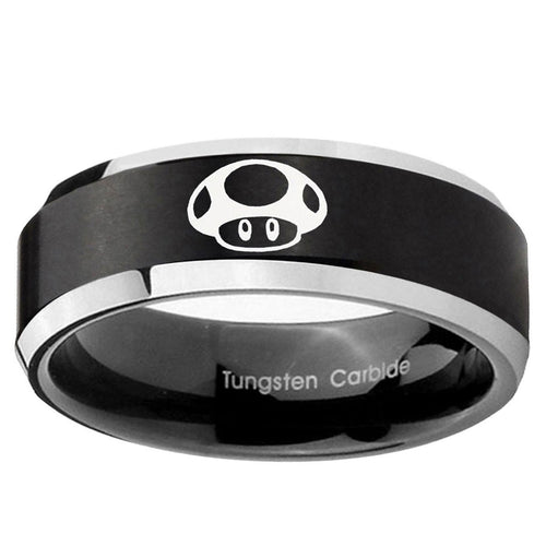 10mm Mario Mushroom Beveled Edge Brush Black 2 Tone Tungsten Ring