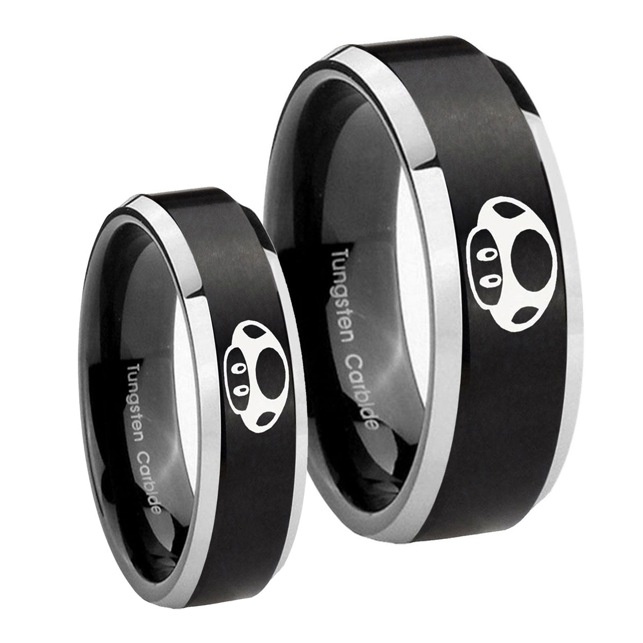 Mario Mushroom Beveled Brush Black 2 Tone Tungsten His Hers Ring Set